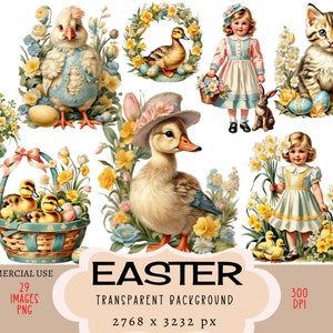 Easter CLIPART PNG files Commercial use Transparent background Cute Chicken Duck Wreath Daffodil Egg Basket Duckling Girl Cat Junk Journal