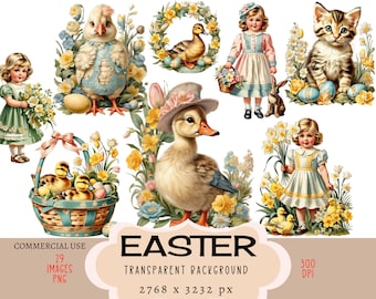 Easter CLIPART PNG files Commercial use Transparent background Cute Chicken Duck Wreath Daffodil Egg Basket Duckling Girl Cat Junk Journal