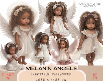 Melanin Angels CLIPART PNG Files, Commercial use, Transparent background Little Cherubs Baby Girls Toddler Dark Skin Black Cute Junk Journal