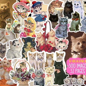 Fussy Cut Aufkleber Vintage Katzen JPG-Dateien Digital Collage Sheet, herunterladbare druckbare Sofort-Download Basteln Etiketten Karten Schrott Planer
