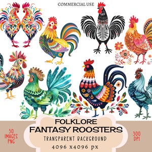 Volkskunst hanen CLIPART PNG-bestanden Commercieel gebruik transparante achtergrond Fantasy Cock Hen Chicken Easter Bird Ethno Colorful Junk Journal
