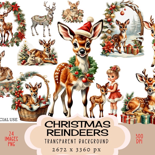 Kerst rendieren CLIPART PNG-bestanden Commercieel gebruik Transparante achtergrond Cute Bambi Herten Boom Aanwezig Jongen Meisje Vintage Retro Junk Journal