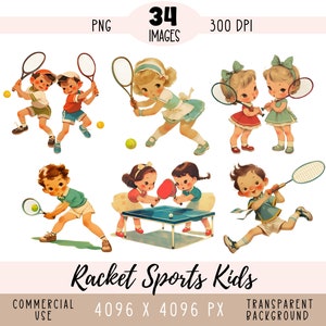 Tennis Badminton Ping Pong Kinder CLIPART PNG-Dateien, Retro kleine Mädchen Jungen, Vintage Schläger Sportspiel Kommerzielle Nutzung Transparenter Hintergrund