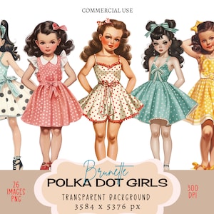 Ragazze brune a pois File PNG CLIPART Uso commerciale Sfondo trasparente vestito vintage retrò moda carino piccolo diario spazzatura