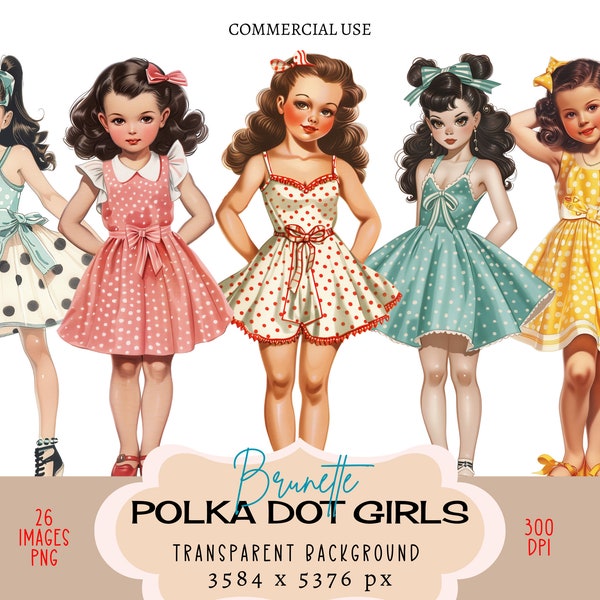 Polka Dot Brunette Girls CLIPART PNG files Commercial use Transparent background Vintage Retro Dress Fashion Cute Little Young Junk Journal