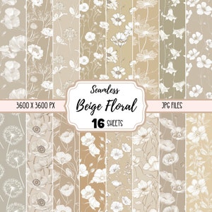 Beige bloemmotief digitale papers JPG, naadloos crafting papier, commercieel gebruik, downloadbare achtergrondbehang, boho bloemen wilde bloemen