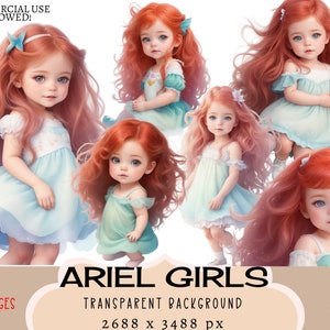 Ariel Mädchen CLIPART PNG-Dateien Kommerzielle Nutzung Transparenter Hintergrund Prinzessin Outfit Kostüm Roter Kopf Rothaarige Aufkleber Junk Journal Planer