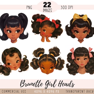 Testa di ragazza bruna CLIPART file PNG, uso commerciale, sfondo trasparente, giovani donne retrò, viso carino vintage, fiocco anni '50, bambola dalla pelle scura