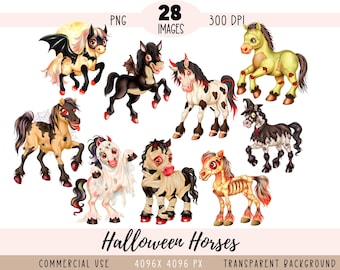 Fichiers PNG CLIPART Halloween chevaux, poney sublimation, sorcière momie assistant Frankenstein monstre zombie, usage commercial, fond transparent
