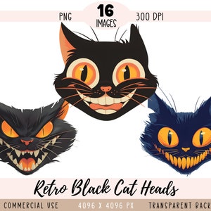 Archivos PNG de cabezas de gato negro de Halloween, sublimación retro, gatito vintage, aterrador, enojado, asustado, divertido, uso comercial, fondo transparente