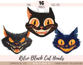 Halloween Black Cat Heads CLIPART PNG files, Retro Sublimation Vintage Kitty Scary Angry Scared Funny Commercial use Transparent background