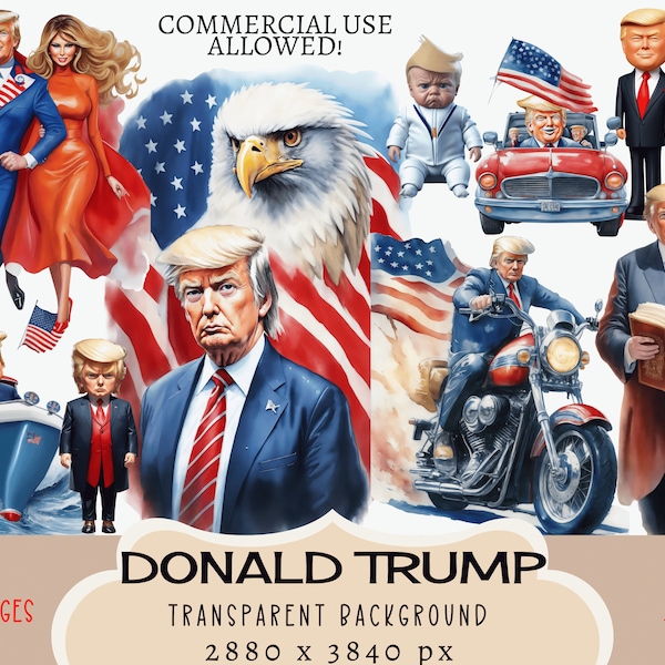 Donald Trump CLIPART PNG files, Commercial use, Transparent background, President American Flag Melania Bible Patriot Stickers Junk Journal