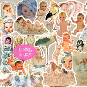 Fussy Cut Stickers Vintage BABIES STORKS Folha de colagem digital, para download para impressão, download instantâneo de etiquetas, cartões, planejador de sucata, arquivo JPG
