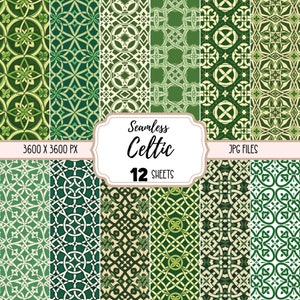 May include: Twelve seamless Celtic knot patterns in green and cream colours. The patterns are 3600 x 3600 pixels and are available as JPG files.