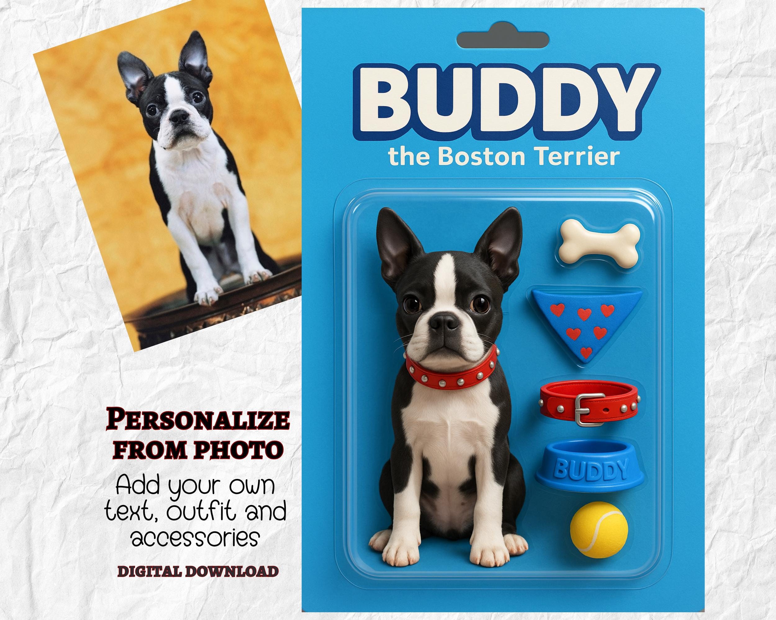 Personalized Dog in Box, Custom Made Action Figure Toy From Photo, Personal Wall Art with Name and Accessories, Unique Pet Owner Poster 3D
