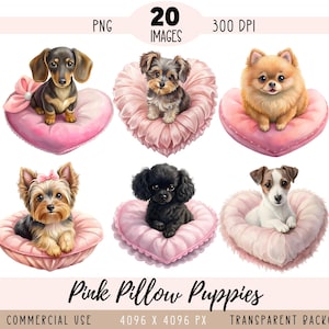 Roze kussen puppy's CLIPART png-bestanden, Valentines hond sublimatie Yorkie kussen roze hart Pommeren commercieel gebruik transparante achtergrond
