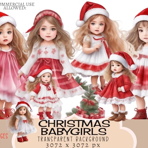 Navidad niñas pequeñas CLIPART archivos PNG uso comercial fondo transparente sombrero de Santa, vestido rojo de Navidad, niña de vacaciones de invierno