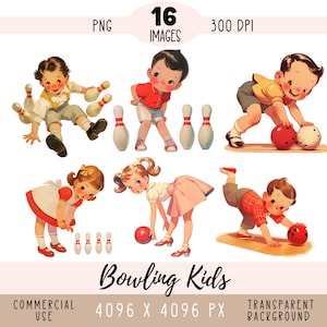 ボウリング キッズ CLIPART PNG ファイル、レトロな男の子と女の子のビンテージ スポーツ ゲーム ボール ピン 商業利用 透明な背景