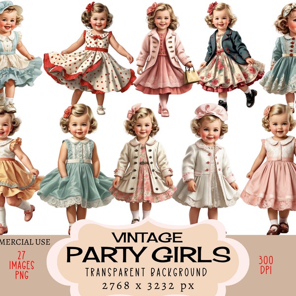 vintage Party Girls CLIPART PNG fichiers Utilisation commerciale Fond transparent Rétro Petite robe mignonne Manteau Mode Tout-petit Junk Journal