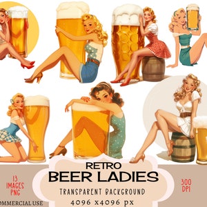 Beer Ladies CLIPART archivos PNG, Retro Vintage Ad Beverage Alcohol Pub Bar, 50s Woman Girl Uso comercial Fondo transparente Junk Journal