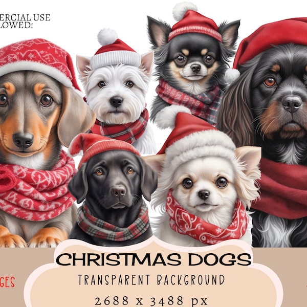 Christmas Winter Dogs CLIPART PNG files Commercial use Transparent background Santa Hat Scarf Chihuahua Breeds Cute Stickers Junk Journal