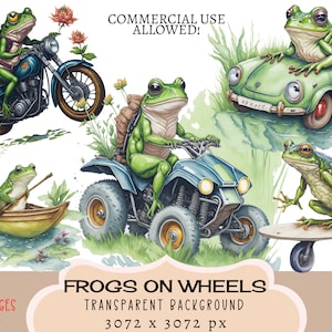 Kikkers op wielen CLIPART PNG-bestanden, commercieel gebruik, transparante achtergrond, Quad Bike Motorcycle Vespa Boot Skateboard Junk Journal Kids Cute