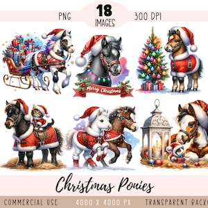 May include: 18 digital illustrations of Christmas ponies in various poses, wearing Santa hats and red and white outfits. The ponies are against a white background. The illustrations are 4000 x 4000 pixels and have a transparent background.