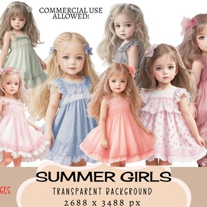 Kleine Mädchen CLIPART PNG-Dateien Kommerzielle Nutzung Transparenten Hintergrund Sommer Kleid Rosa Lila Grau Blau Mode Outfit Aufkleber Junk Journal
