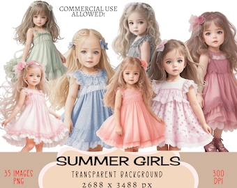 Little Girls CLIPART PNG files Commercial use Transparent background Summer Dress Pink Purple Gray Blue Fashion Outfit Stickers Junk Journal