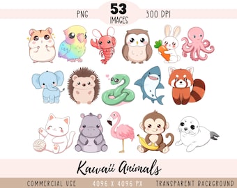 Fichiers PNG CLIPART animaux kawaii, décoration téléchargeable pour chambre d'enfant bébé animal, téléchargement immédiat pour chambre d'enfant, usage Commercial fond Transparent