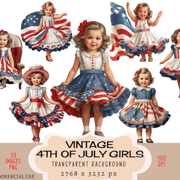 4th of July Girls CLIPART PNG files Commercial use Transparent background Vintage Retro Patriotic Little Patriot American Flag Junk Journal