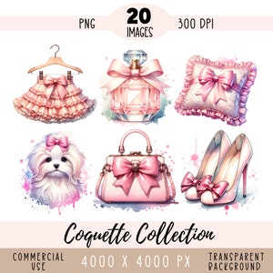 May include: A digital illustration set of 20 images featuring a pink and white color scheme. The set includes a pink ruffled skirt, a pink perfume bottle, a pink pillow with a bow, a white dog with a pink bow, a pink handbag with a bow, and a pair of pink high heels with bows. The images are on a transparent background.