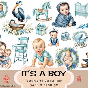 Baby Shower CLIPART file PNG, uso commerciale, sfondo trasparente È un ragazzo Cicogna Carrozza Floreale Madre Bambino Carino Presepe Junk Journal