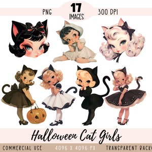 Halloween Cat Girls CLIPART PNG file, Costume da gatto nero Sublimazione, Zucca Animale Retro Vintage Uso commerciale Sfondo trasparente