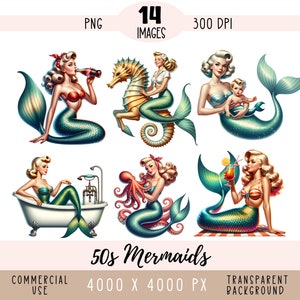 Jaren 50 zeemeerminnen CLIPART PNG-bestanden, retro nautische sublimatie, vintage zeepaardje dolfijn octopus kreeft commercieel gebruik transparante achtergrond