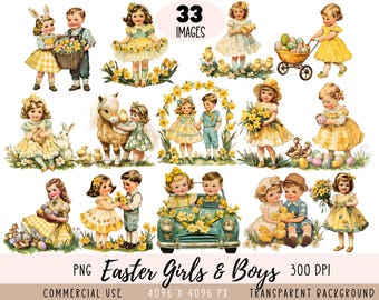 Fichiers PNG CLIPART pour filles et garçons de Pâques, couple jonquille, usage Commercial fond Transparent