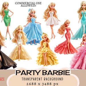 Barbie CLIPART PNG Dateien, Kommerzielle Nutzung Transparenten Hintergrund Party Kleid Spielzeug Puppe Bunt Mode Outfit Abschlussball Ball Rosa Rot Junk Journal