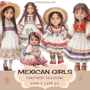 Pequeñas niñas mexicanas CLIPART archivos PNG Uso comercial Fondo transparente Lindo vestido Moda Traje Joven Diario basura sudamericano
