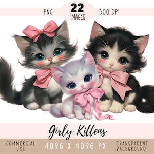Fichiers PNG CLIPART rose noeud chats, sublimation de mignons chatons girly, Coquette bébé fille pépinière Kitty tout usage commercial fond Transparent