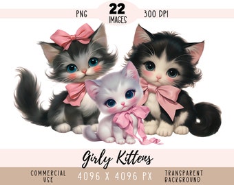 Pink Bow Cats CLIPART PNG files, Cute Girly Kittens Sublimation, Coquette Baby Girl Nursery Kitty Commercial use Transparent background