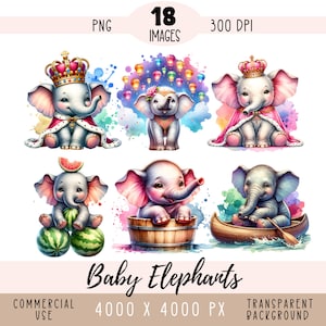 Baby Elefanten CLIPART PNG-Dateien, niedliche Safari-Tiersublimation, Baden Schlafen auf dem Mond König Königin Kommerzielle Nutzung Transparenter Hintergrund
