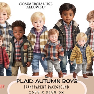 Geruite jongens CLIPART PNG-bestanden Commercieel gebruik transparante achtergrond Little Autumn Winter gebreide bovenkleding jas leuke stickers ongewenste Journal