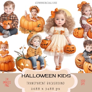 Pumpkin Kids CLIPART PNG-bestand commercieel gebruik transparante achtergrond schattige kleine jongens meisjes herfst herfst oogst jack-o-lantern Thanksgiving