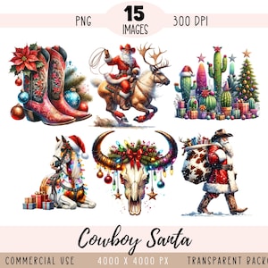 Cowboy Santa CLIPART PNG-Datei, Weihnachtssublimation, Aquarell Wilder Westen Western Country Texas, kommerzielle Nutzung, transparenter Hintergrund