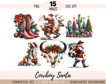 Cowboy Santa CLIPART PNG-Datei, Weihnachtssublimation, Aquarell Wilder Westen Western Country Texas, kommerzielle Nutzung, transparenter Hintergrund