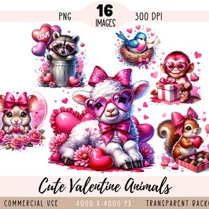 Animais fofos de dia dos namorados CLIPART Arquivos PNG Amor Sublimação Aquarela Coração rosa Cordeiro Guaxinim Macaco Uso comercial Fundo transparente