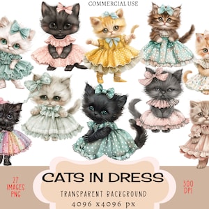Chat en robe Fichiers PNG CLIPART à usage commercial Fond transparent Chaton mignon Kitty Coquette Noeud Blanc Noir Gris Tabby Junk Journal DIY