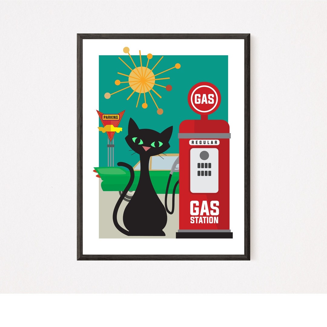 INSTANT DOWNLOAD Atomic Cat Gas Station Print, MCM Poster, 1950s Fifties Mid Mod Wall Art, Black