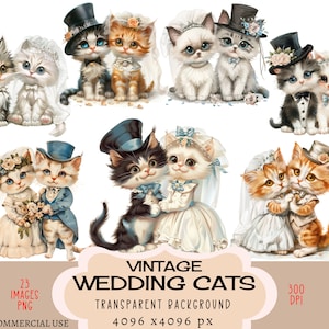 Matrimonio gatti CLIPART file PNG Uso commerciale Sfondo trasparente Retro Vintage Gattino Gattino Sposa Sposo Animale domestico Cappello a cilindro Diario spazzatura