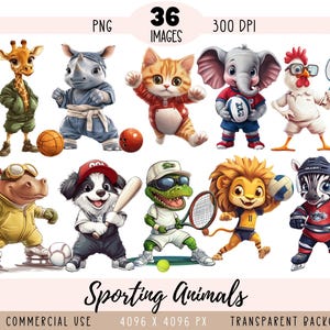 May include: A digital illustration featuring cartoon animals playing sports. Includes a giraffe in a green jacket, a rhino in a blue uniform, a cat in a red outfit, an elephant with a football, a chicken with a badminton racket, a hippo on ice skates, a dog with a baseball bat, a crocodile with a tennis racket, a lion with a volleyball, and a zebra with a hockey stick. The text "Sporting Animals" is at the bottom.
